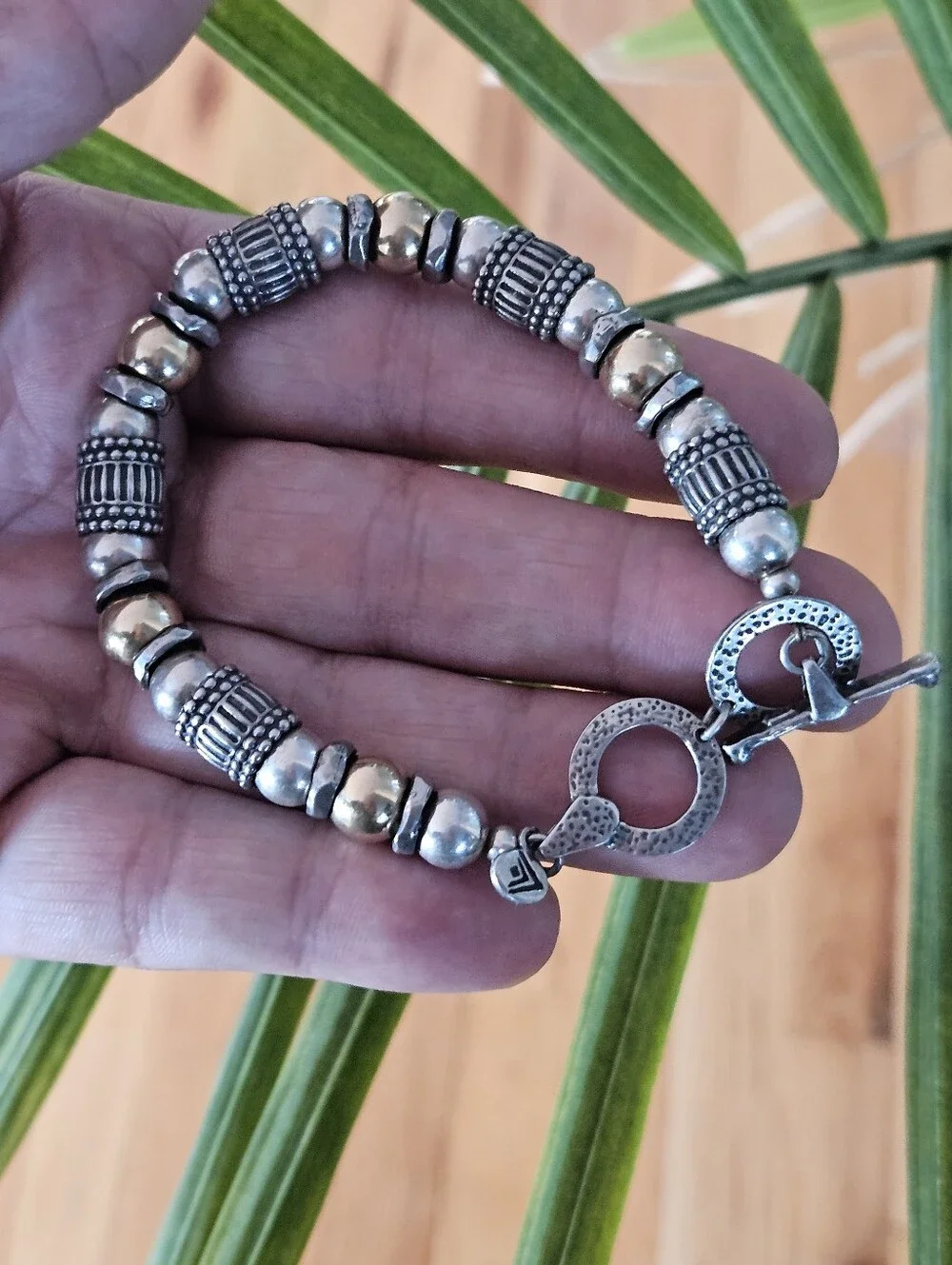 Vintage Silpada Sterling Silver & 14k Gold Beaded Toggle Bracelet 6.75